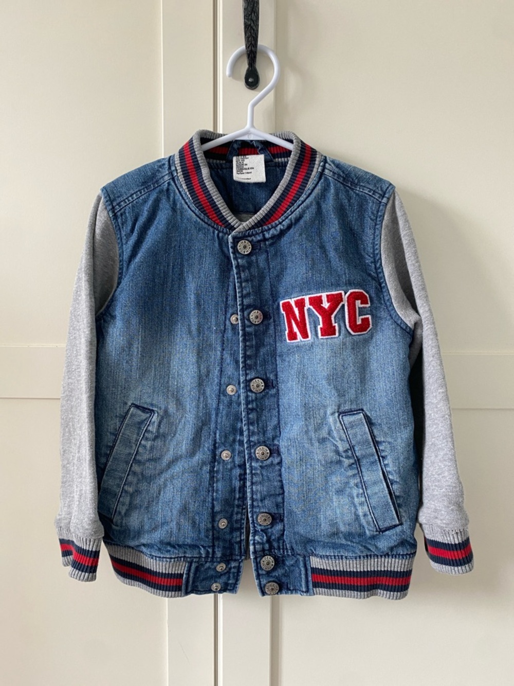 H&M Kids Cotton Denim Bomber Jacket with Grey Sleeves - NYC Patch 4/5T